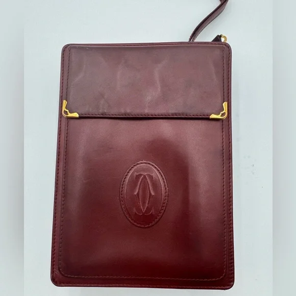 CARTIER Must Line Clutch Bag Leather Bordeaux Dark Red With Wristlet Attachment